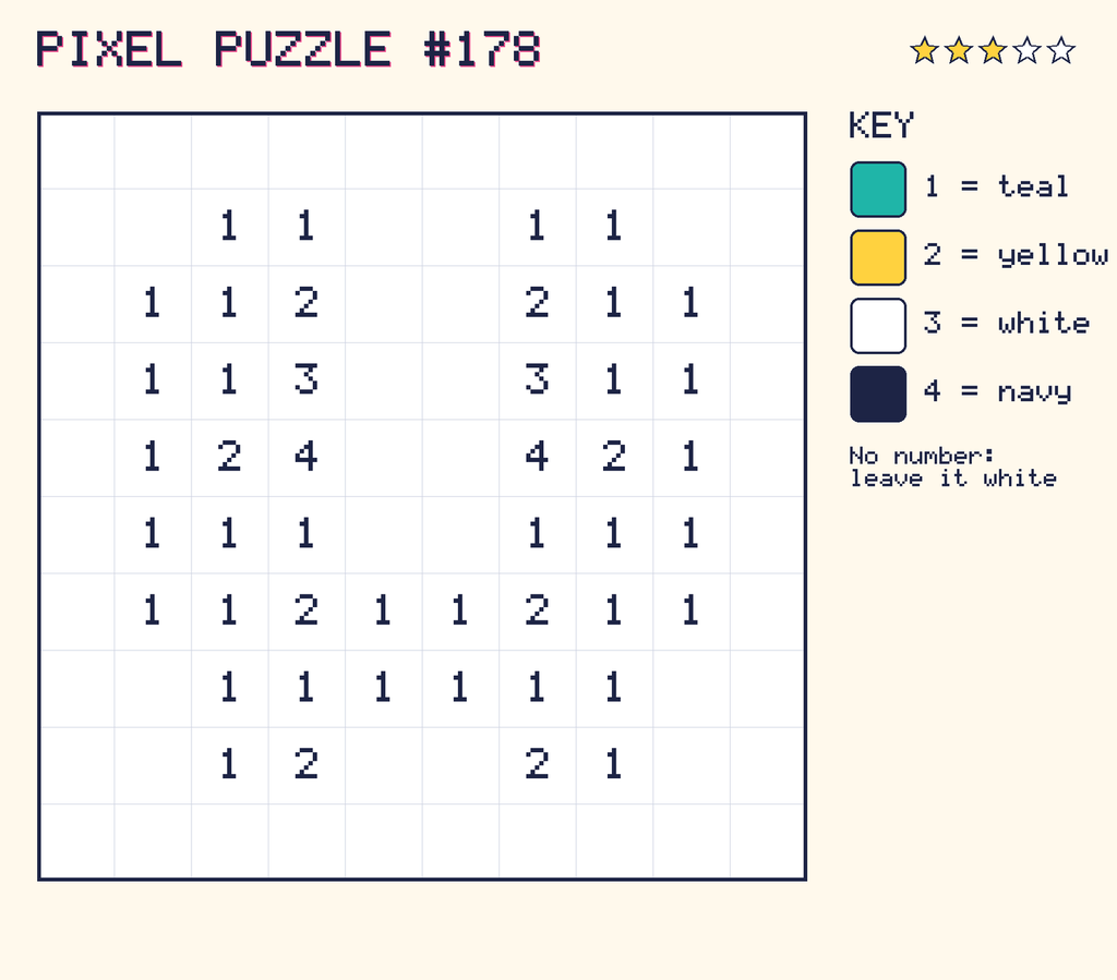 Pixel puzzle 178: a 10 by 10 number grid with a colour key.