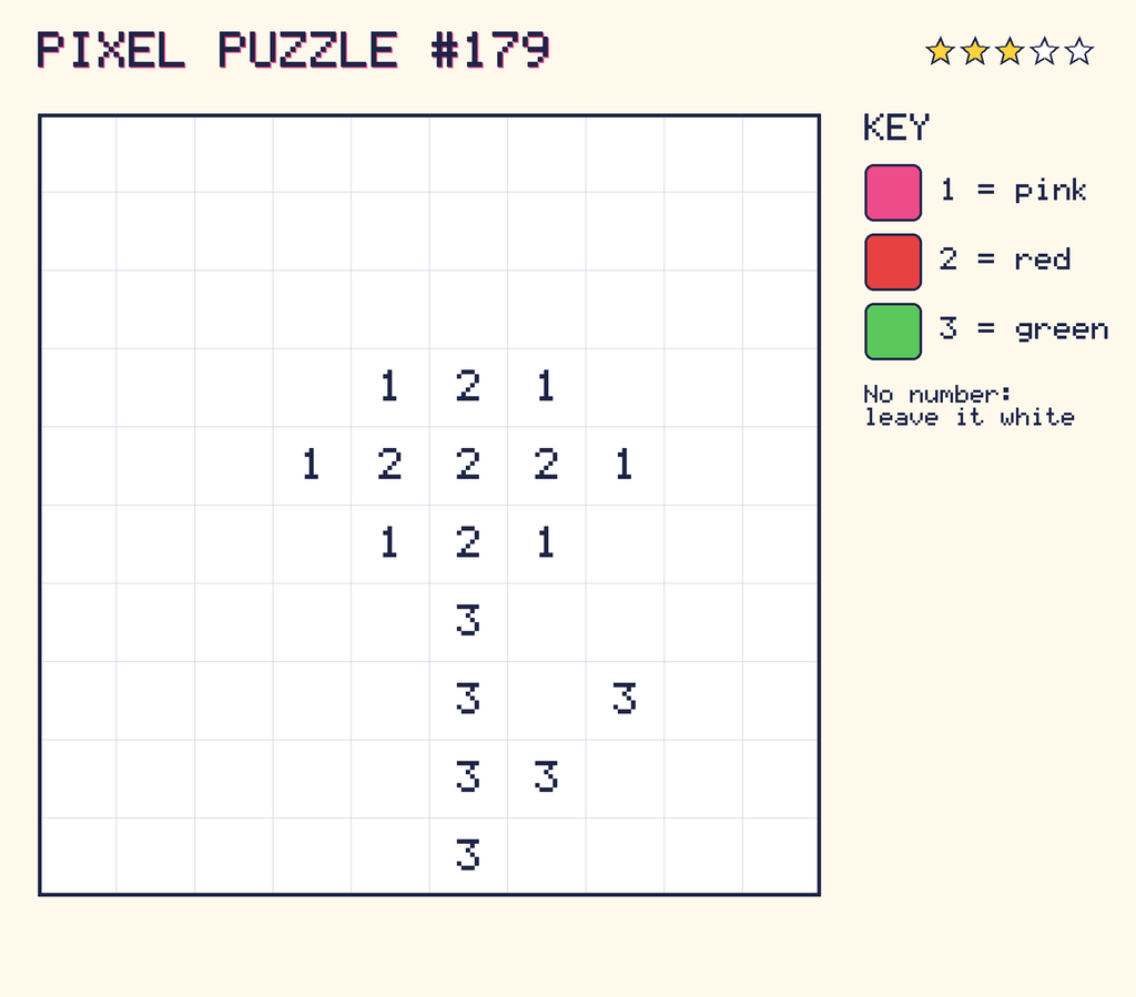 Pixel puzzle 179: a 10 by 10 number grid with a colour key.