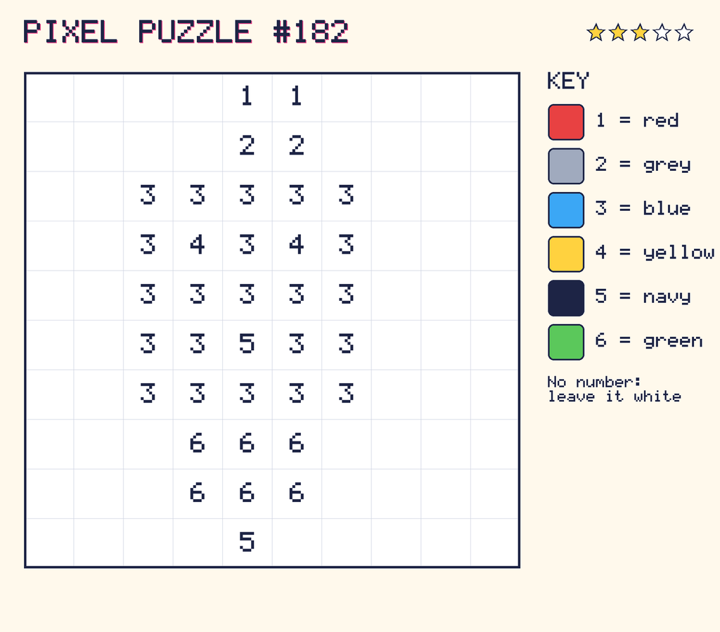 Pixel puzzle 182: a 10 by 10 number grid with a colour key.