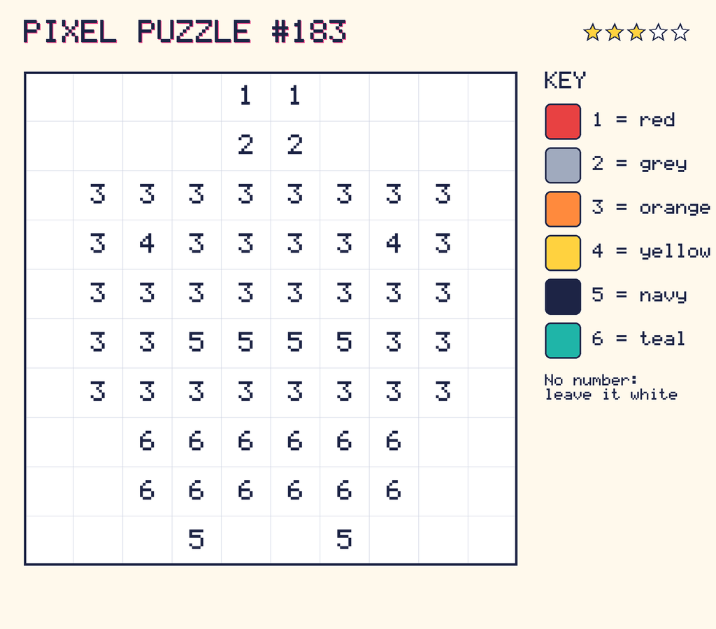 Pixel puzzle 183: a 10 by 10 number grid with a colour key.