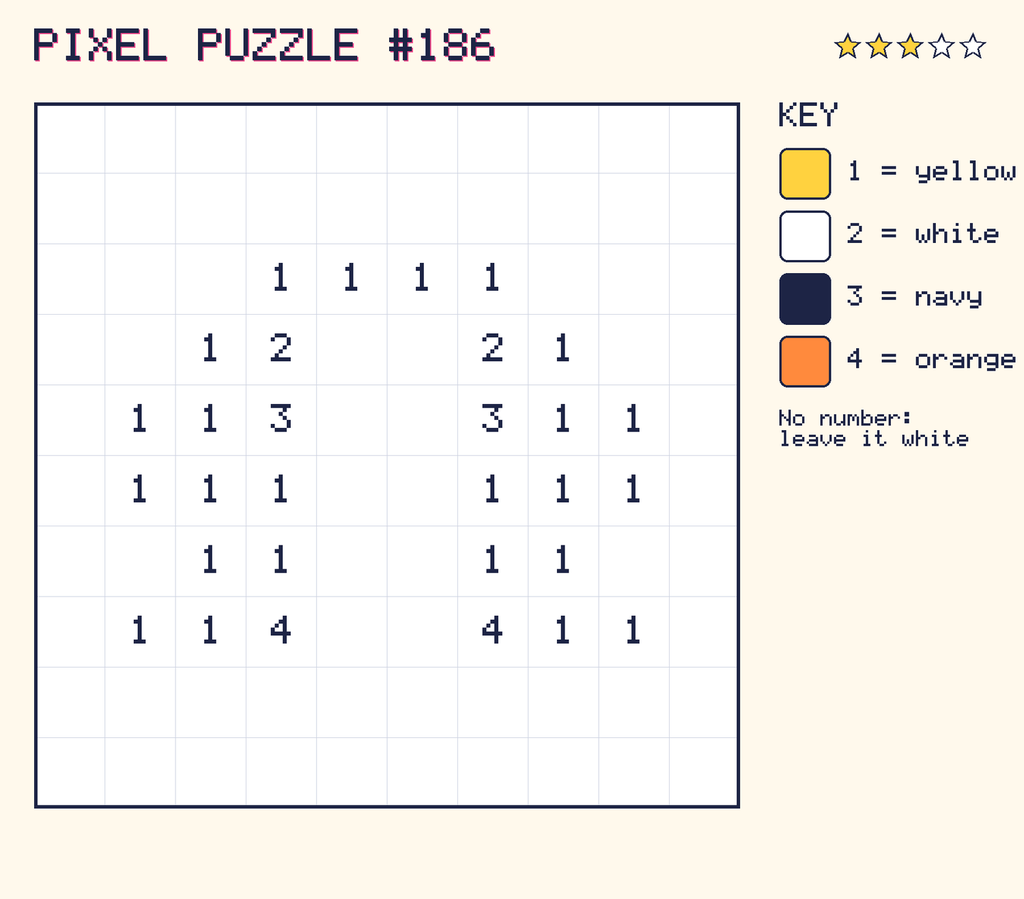 Pixel puzzle 186: a 10 by 10 number grid with a colour key.