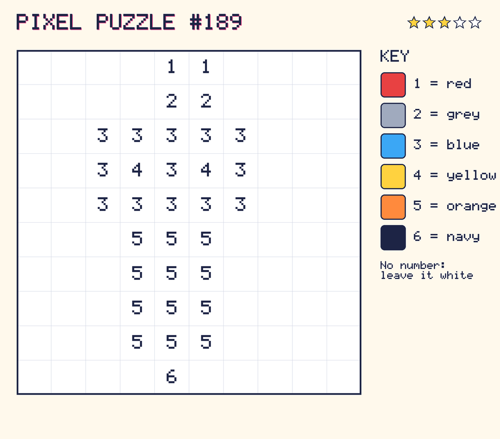 Pixel puzzle 189: a 10 by 10 number grid with a colour key.