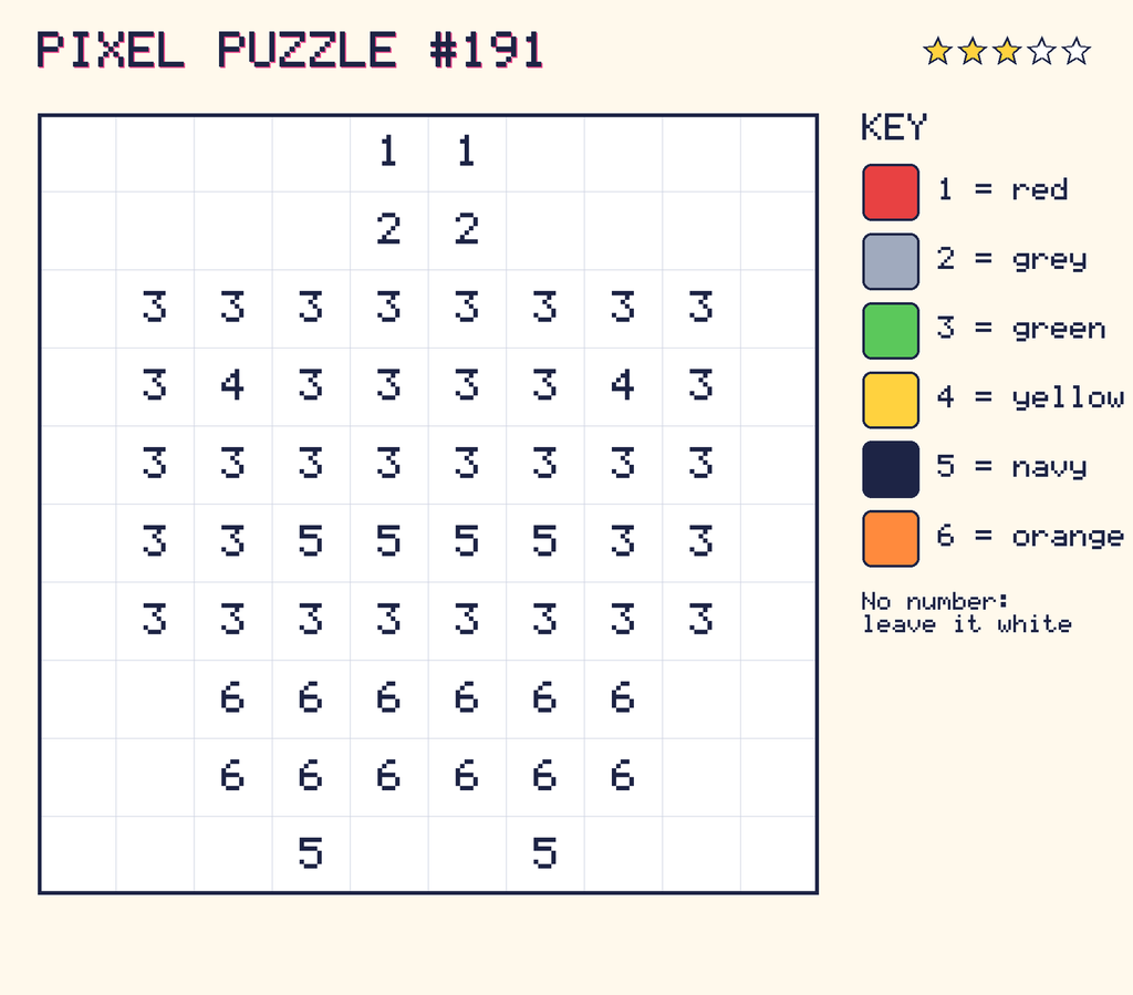 Pixel puzzle 191: a 10 by 10 number grid with a colour key.