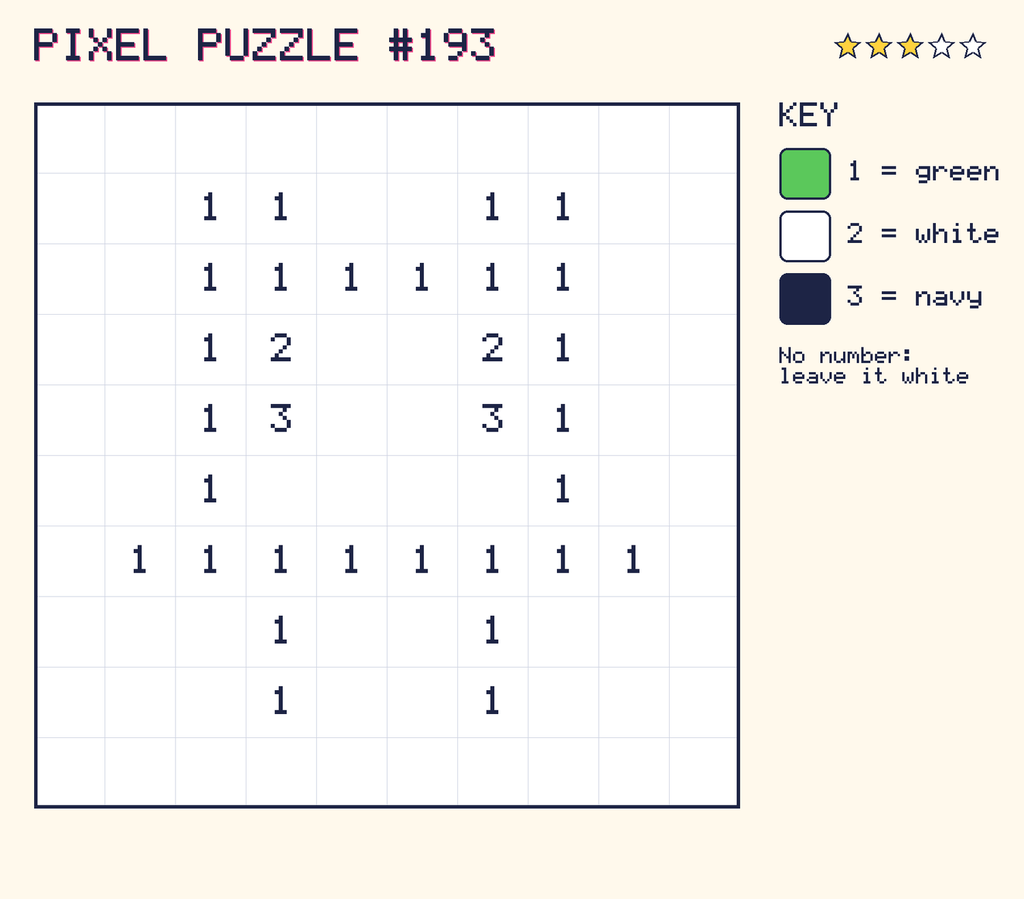 Pixel puzzle 193: a 10 by 10 number grid with a colour key.