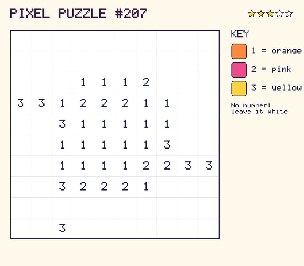 Pixel puzzle 207: a 10 by 10 number grid with a colour key.