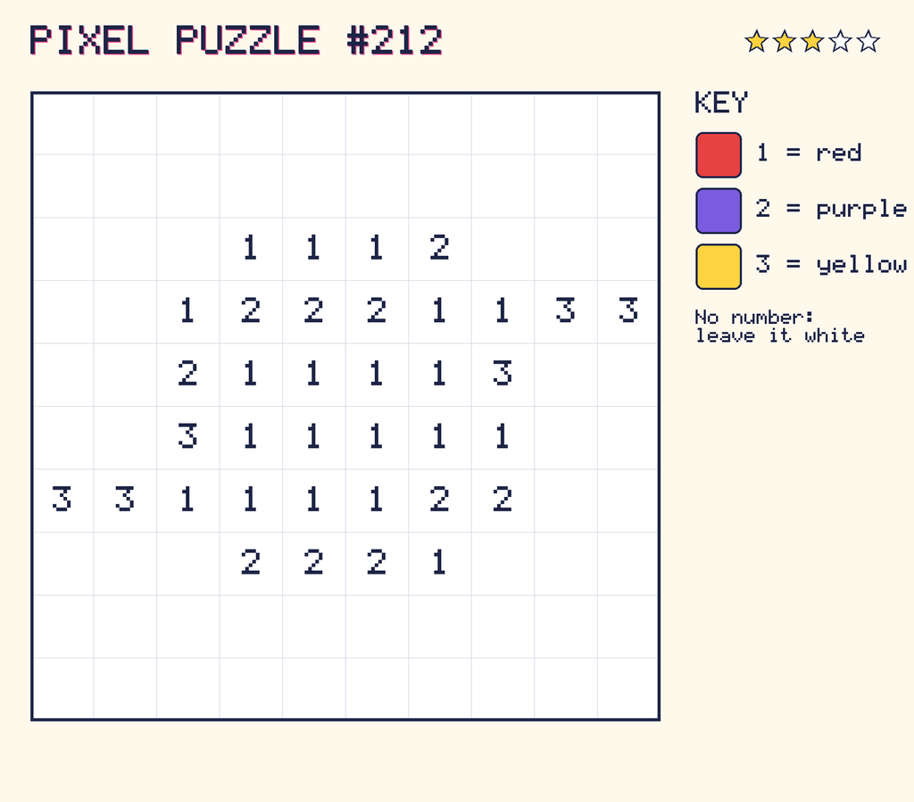 Pixel puzzle 212: a 10 by 10 number grid with a colour key.