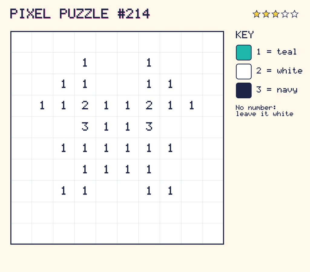 Pixel puzzle 214: a 10 by 10 number grid with a colour key.