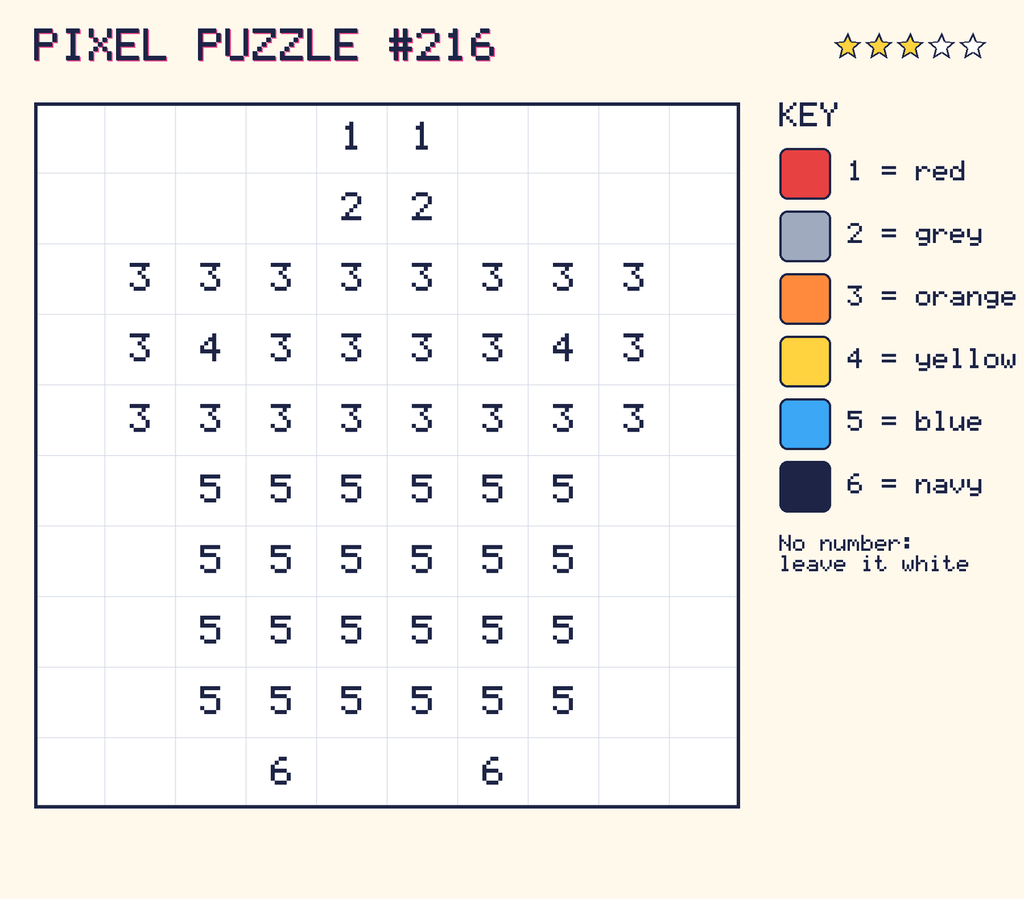 Pixel puzzle 216: a 10 by 10 number grid with a colour key.