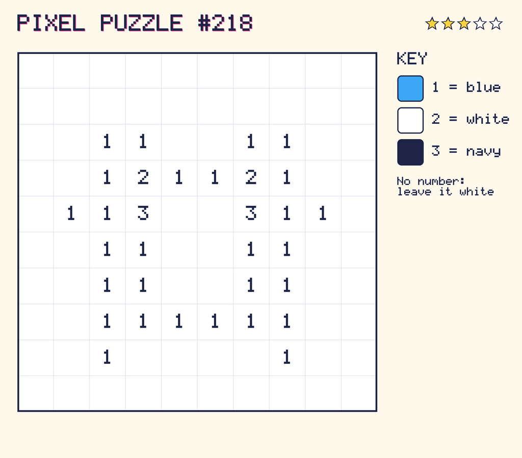 Pixel puzzle 218: a 10 by 10 number grid with a colour key.