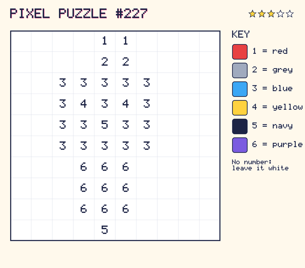 Pixel puzzle 227: a 10 by 10 number grid with a colour key.
