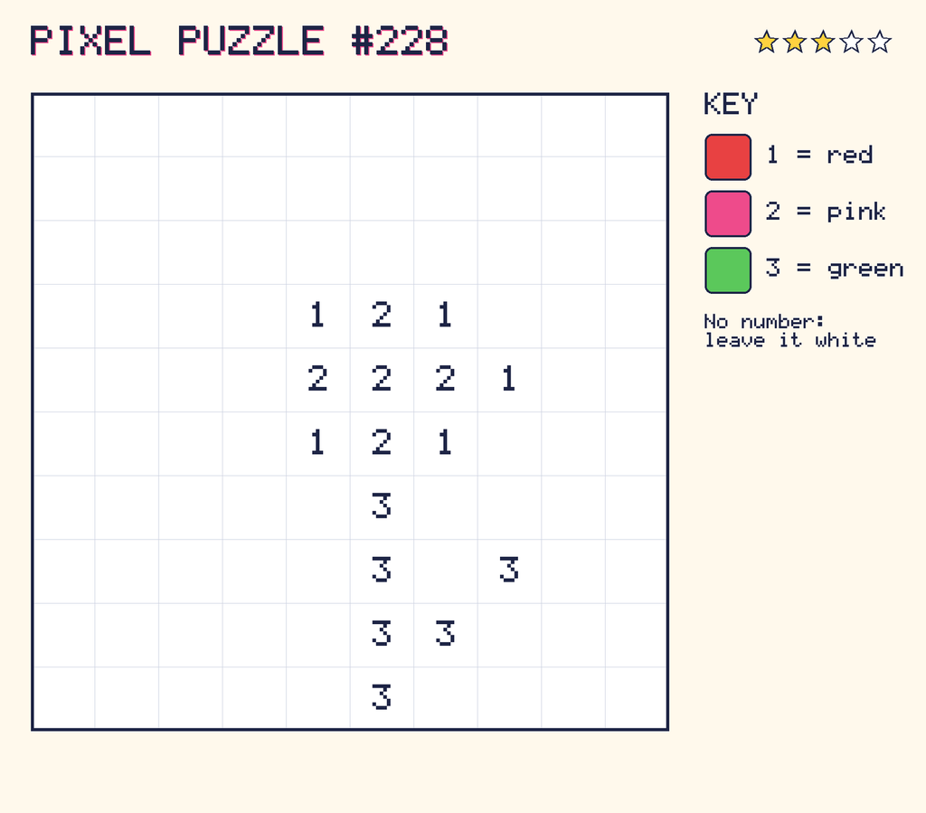 Pixel puzzle 228: a 10 by 10 number grid with a colour key.