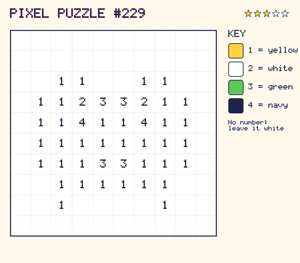 Pixel puzzle 229: a 10 by 10 number grid with a colour key.