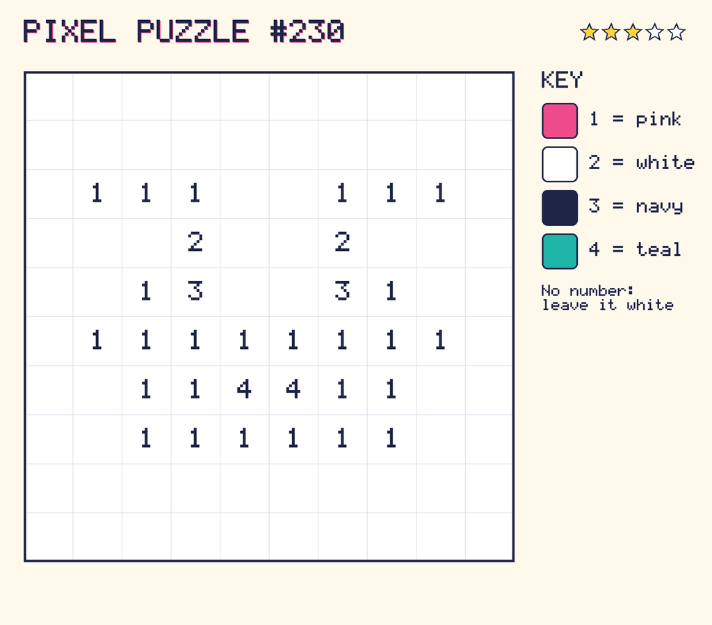 Pixel puzzle 230: a 10 by 10 number grid with a colour key.