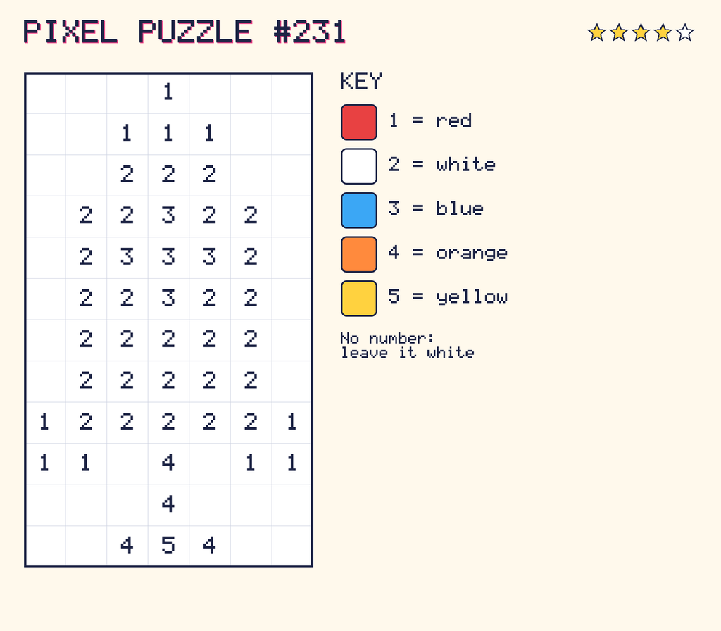 Pixel puzzle 231: a 7 by 12 number grid with a colour key.