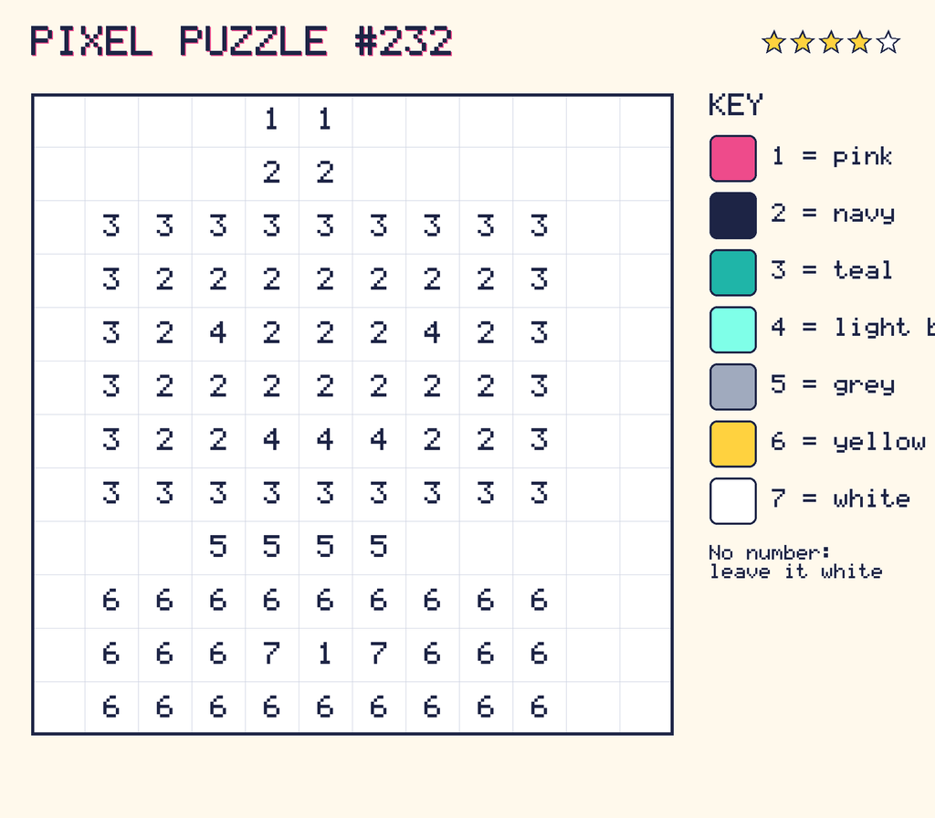 Pixel puzzle 232: a 12 by 12 number grid with a colour key.