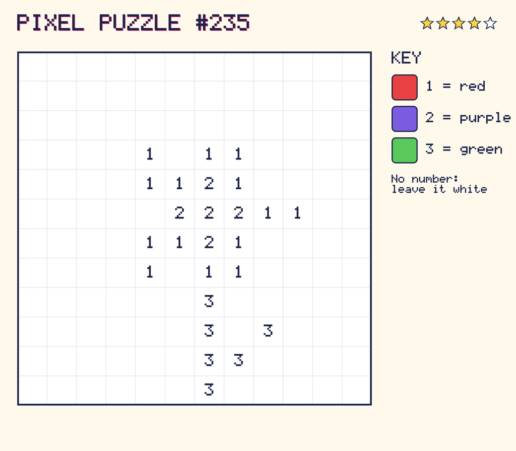Pixel puzzle 235: a 12 by 12 number grid with a colour key.