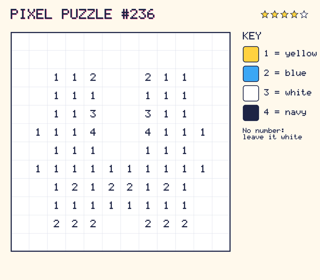 Pixel puzzle 236: a 12 by 12 number grid with a colour key.