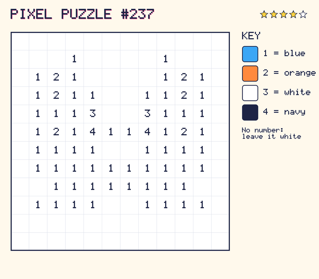 Pixel puzzle 237: a 12 by 12 number grid with a colour key.
