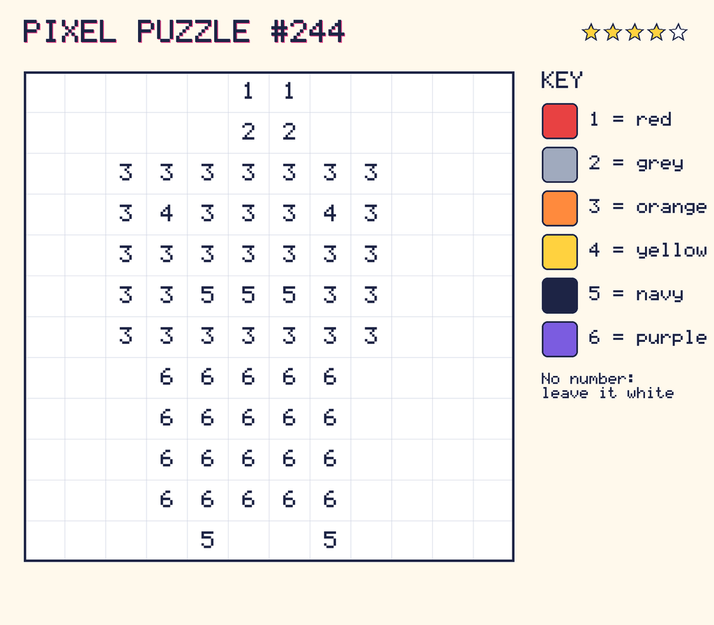 Pixel puzzle 244: a 12 by 12 number grid with a colour key.