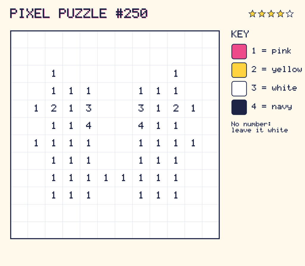 Pixel puzzle 250: a 12 by 12 number grid with a colour key.