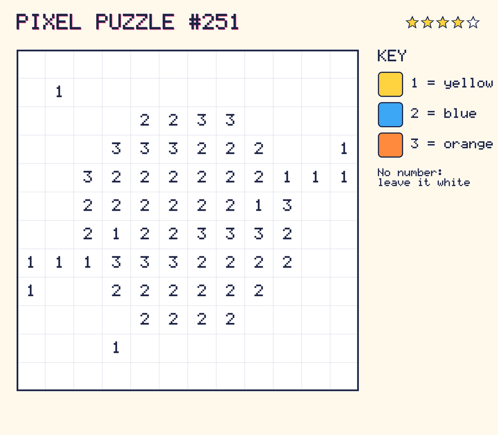 Pixel puzzle 251: a 12 by 12 number grid with a colour key.