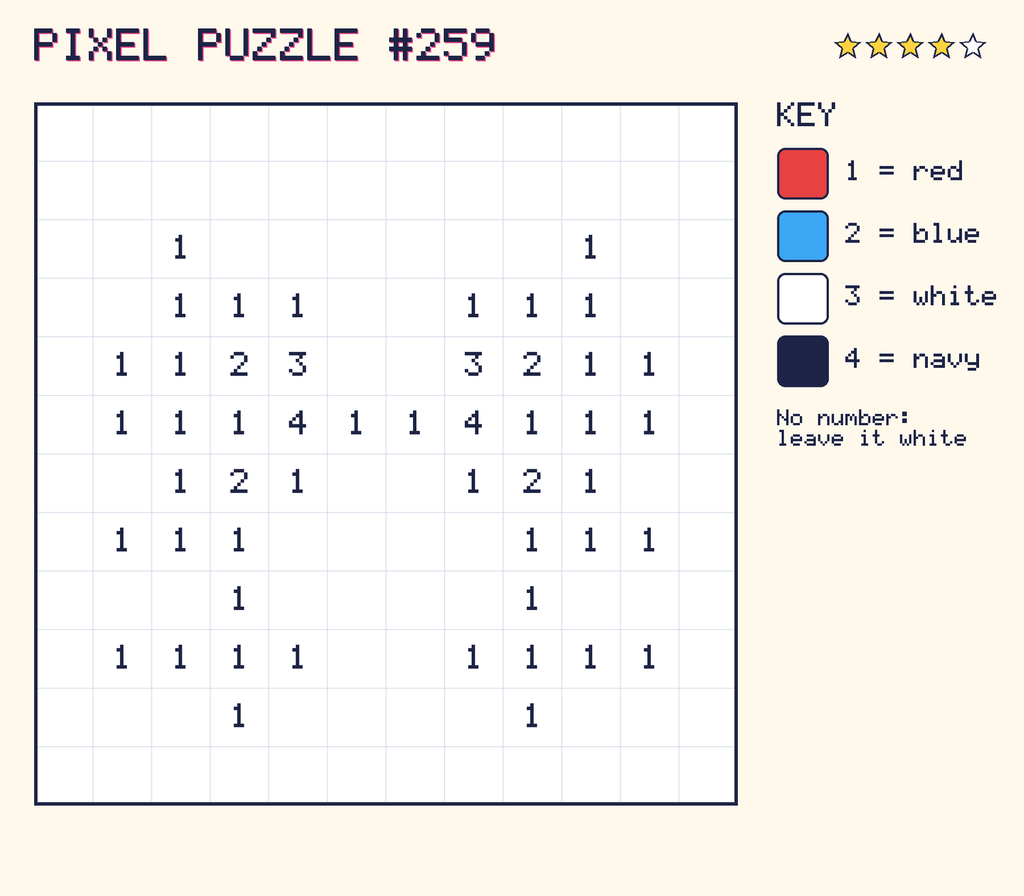Pixel puzzle 259: a 12 by 12 number grid with a colour key.