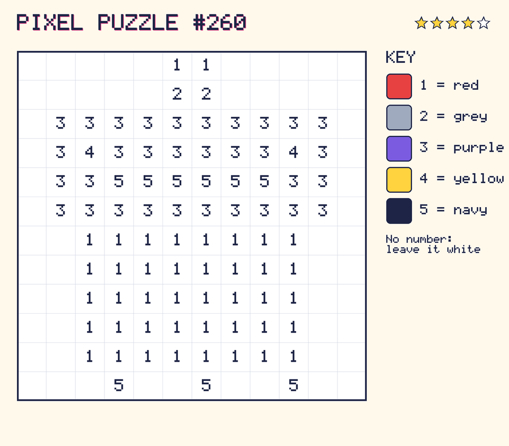 Pixel puzzle 260: a 12 by 12 number grid with a colour key.