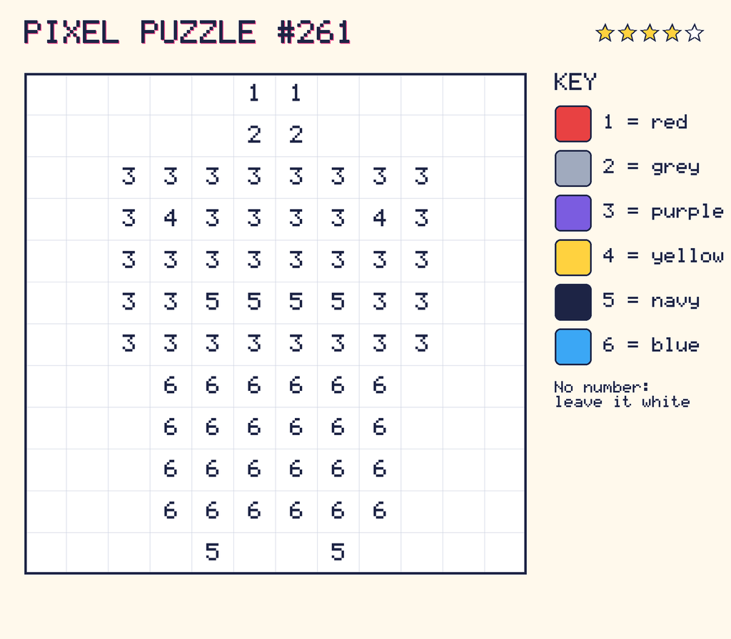 Pixel puzzle 261: a 12 by 12 number grid with a colour key.