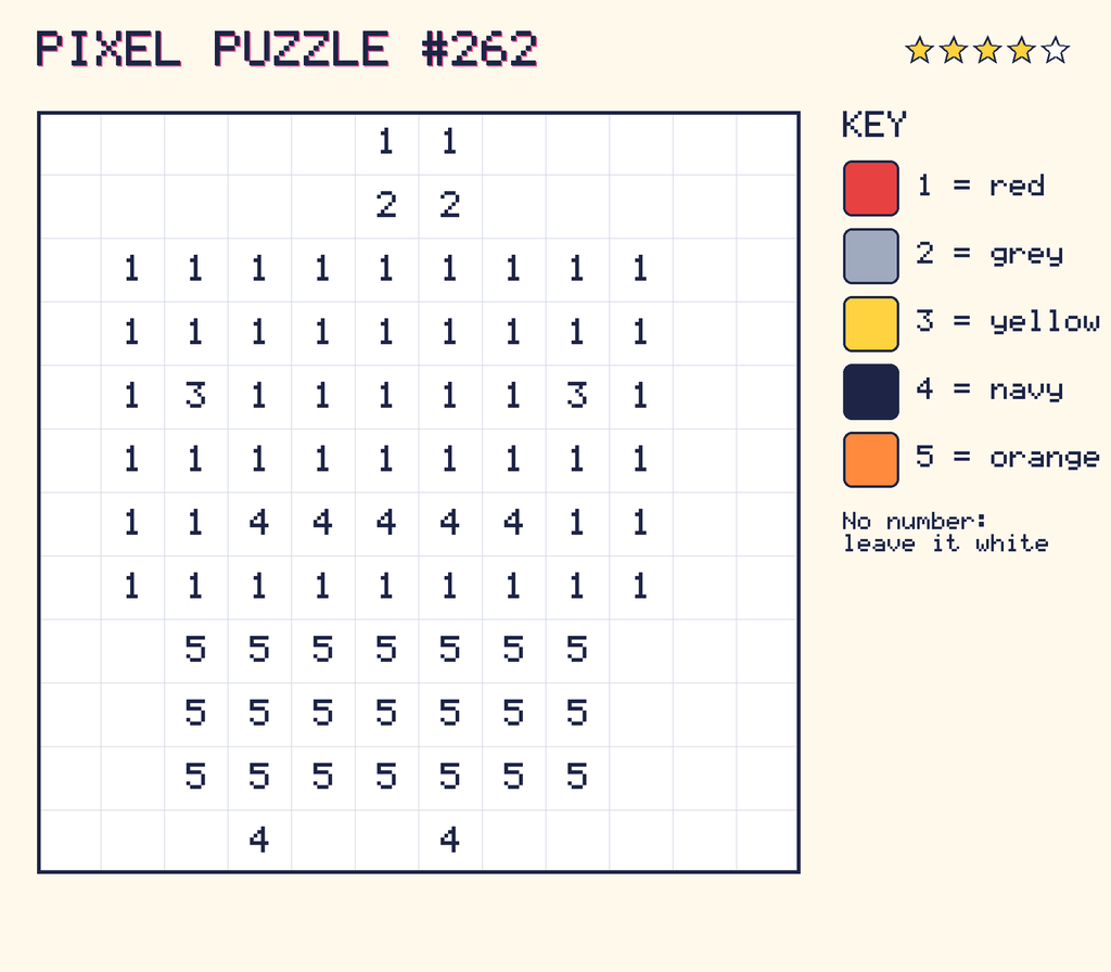 Pixel puzzle 262: a 12 by 12 number grid with a colour key.