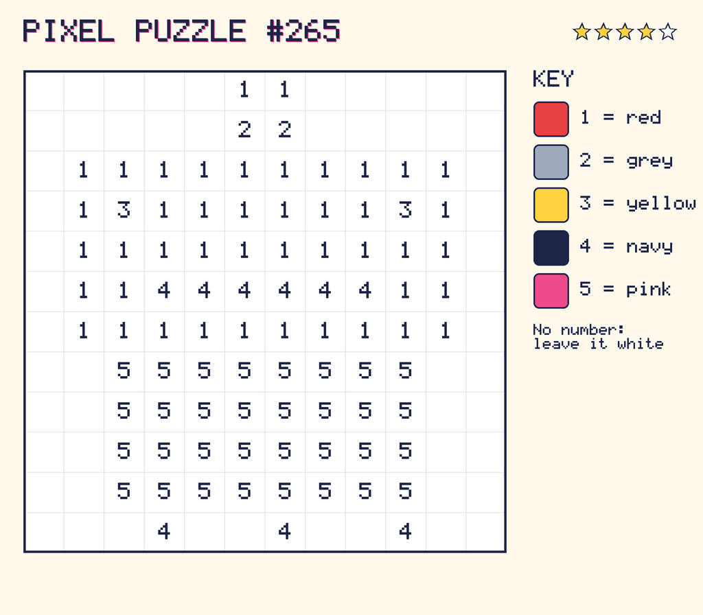 Pixel puzzle 265: a 12 by 12 number grid with a colour key.