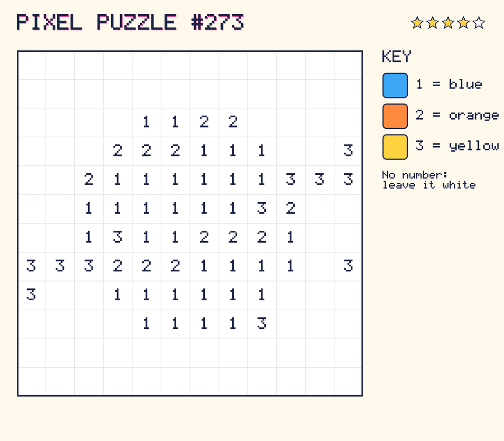 Pixel puzzle 273: a 12 by 12 number grid with a colour key.