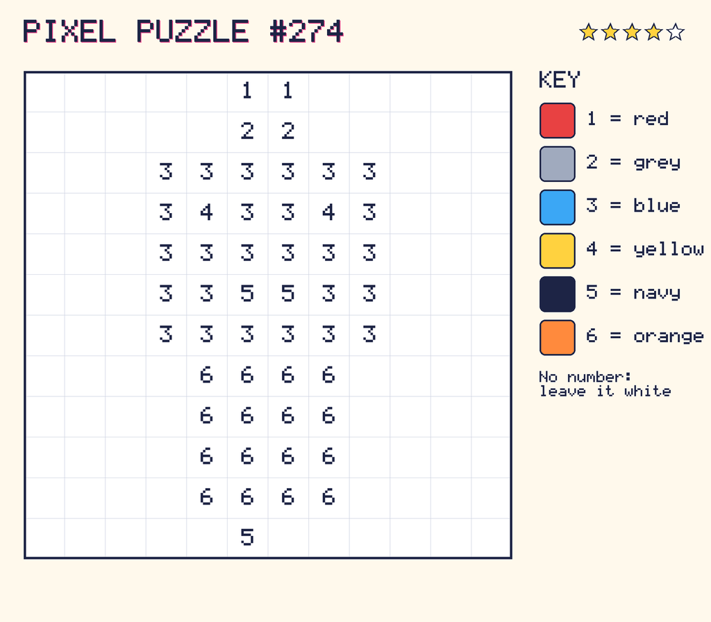 Pixel puzzle 274: a 12 by 12 number grid with a colour key.