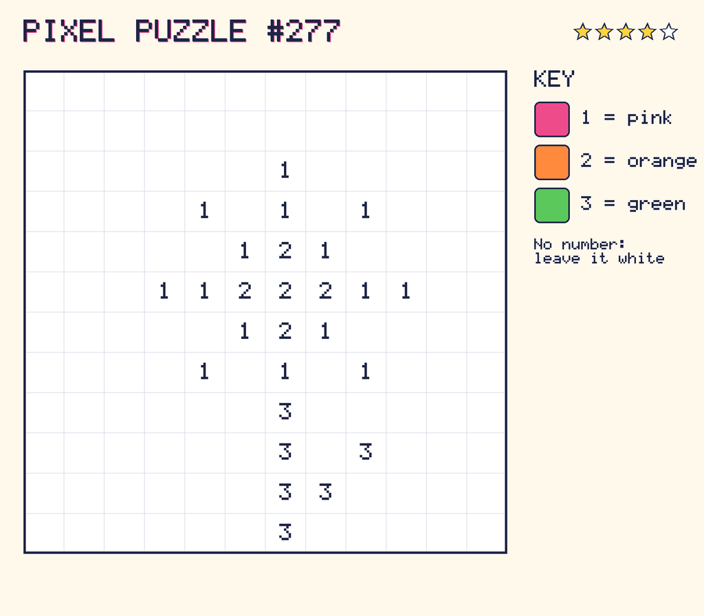 Pixel puzzle 277: a 12 by 12 number grid with a colour key.