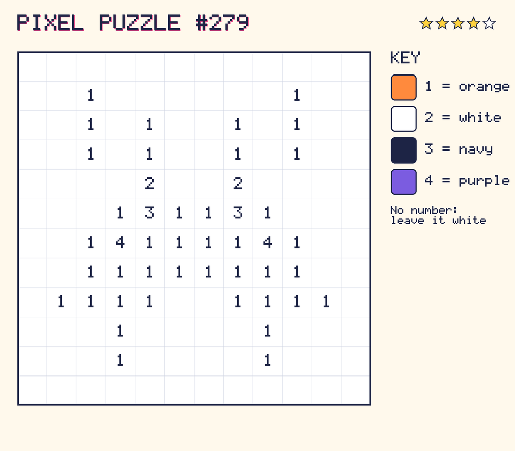 Pixel puzzle 279: a 12 by 12 number grid with a colour key.