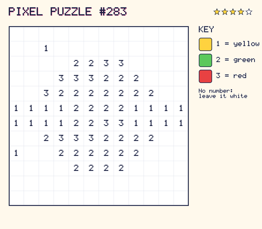 Pixel puzzle 283: a 12 by 12 number grid with a colour key.