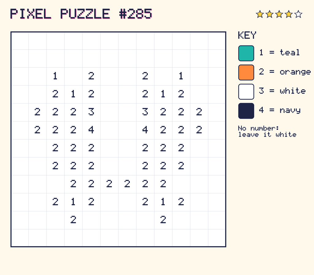 Pixel puzzle 285: a 12 by 12 number grid with a colour key.