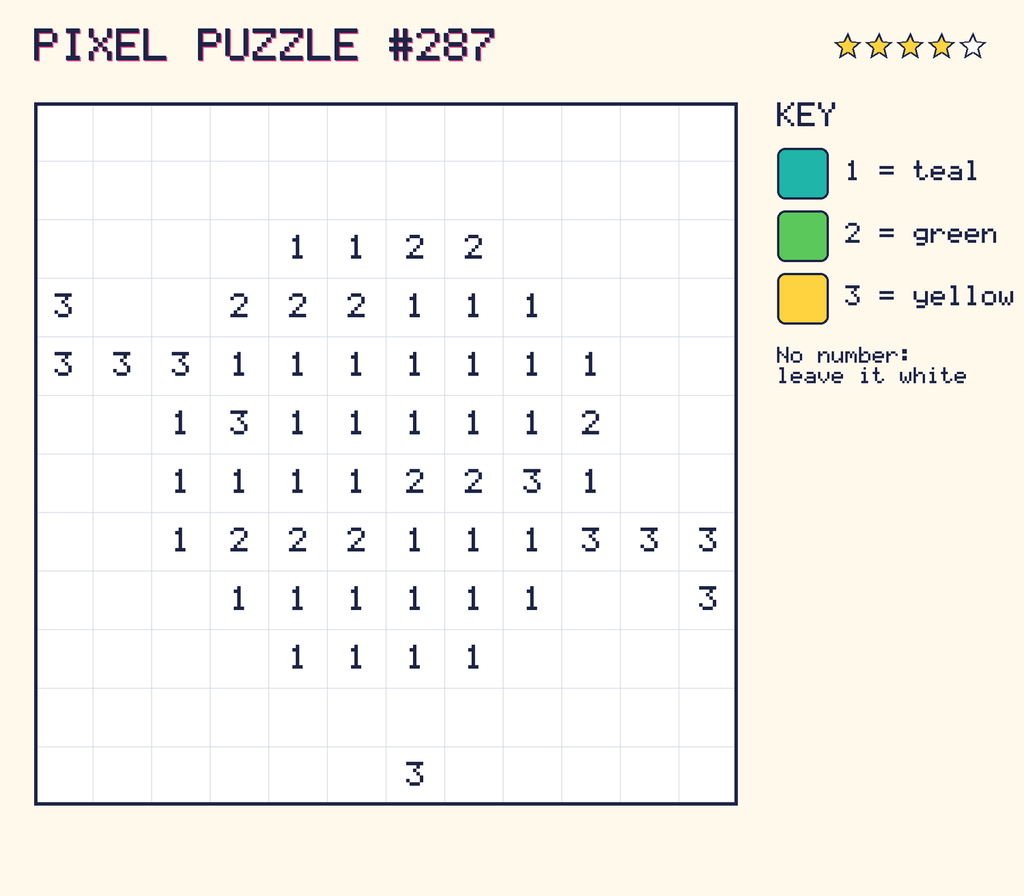 Pixel puzzle 287: a 12 by 12 number grid with a colour key.