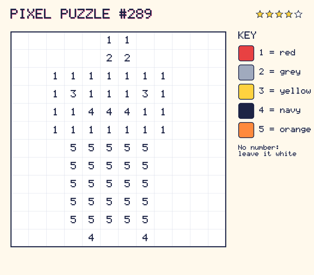 Pixel puzzle 289: a 12 by 12 number grid with a colour key.