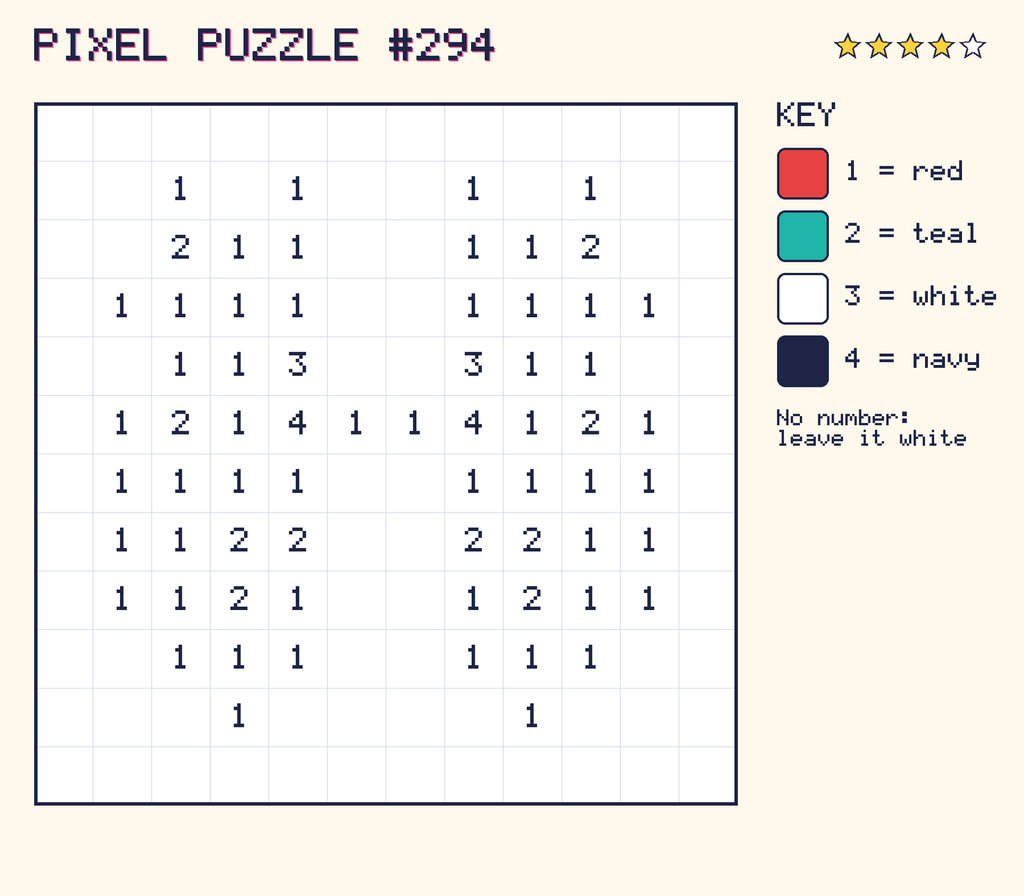 Pixel puzzle 294: a 12 by 12 number grid with a colour key.