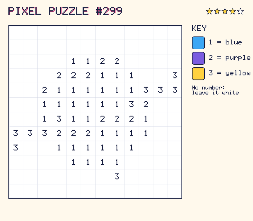 Pixel puzzle 299: a 12 by 12 number grid with a colour key.