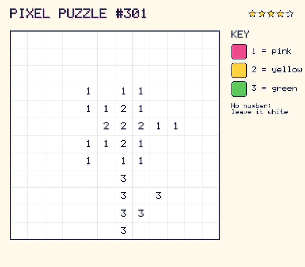Pixel puzzle 301: a 12 by 12 number grid with a colour key.