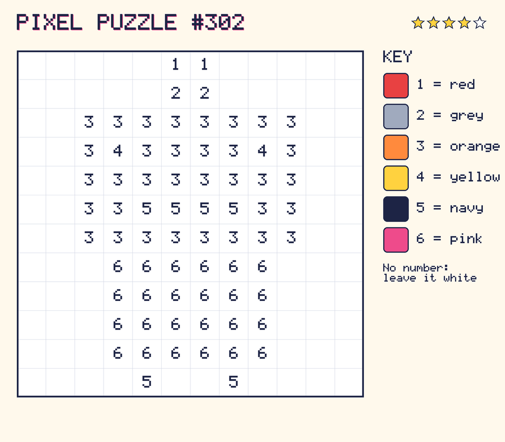 Pixel puzzle 302: a 12 by 12 number grid with a colour key.