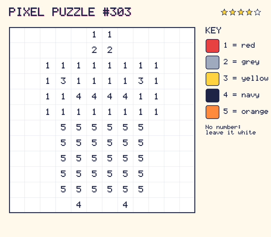 Pixel puzzle 303: a 12 by 12 number grid with a colour key.