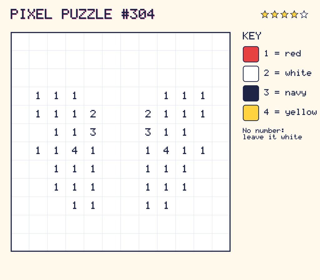 Pixel puzzle 304: a 12 by 12 number grid with a colour key.
