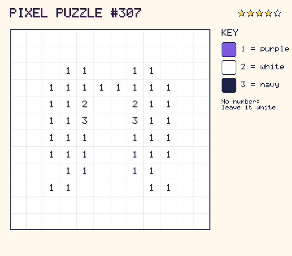 Pixel puzzle 307: a 12 by 12 number grid with a colour key.