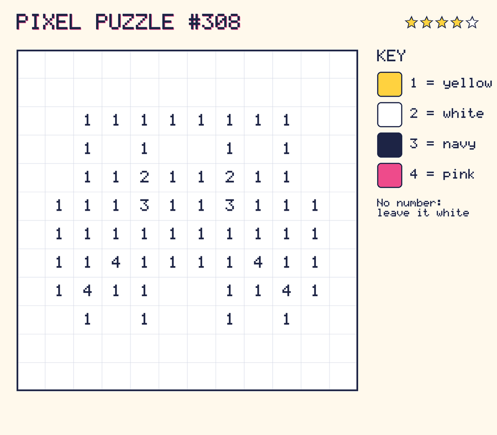 Pixel puzzle 308: a 12 by 12 number grid with a colour key.