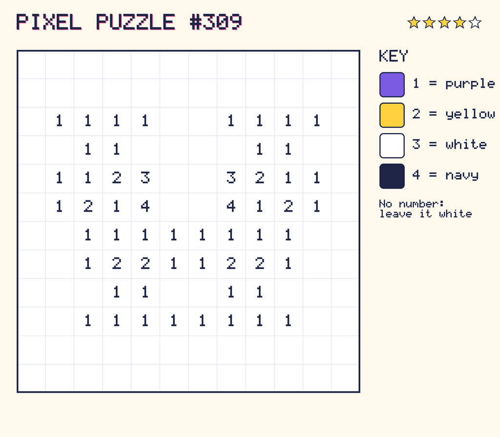 Pixel puzzle 309: a 12 by 12 number grid with a colour key.