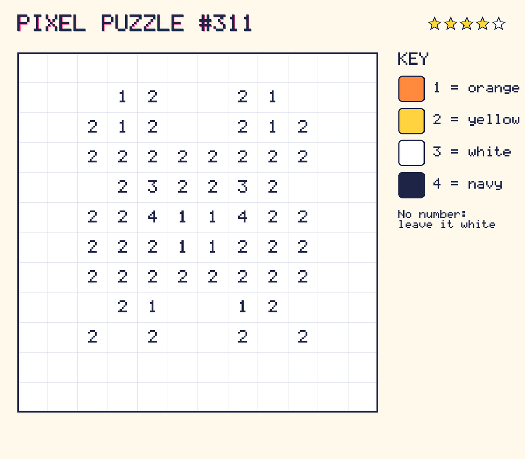 Pixel puzzle 311: a 12 by 12 number grid with a colour key.