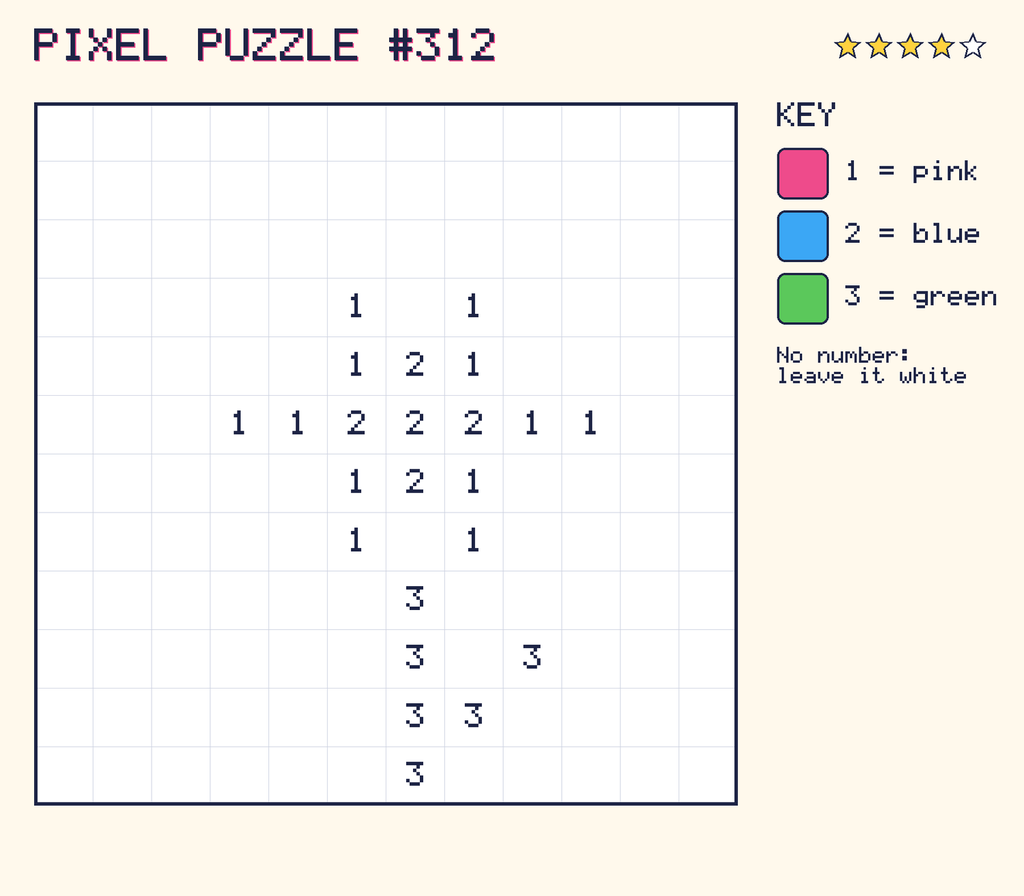 Pixel puzzle 312: a 12 by 12 number grid with a colour key.