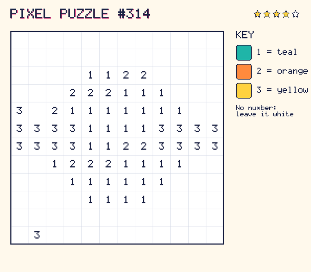 Pixel puzzle 314: a 12 by 12 number grid with a colour key.
